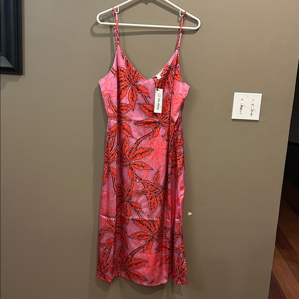 The Drop Womens Red Pink Satin Midi Slip Dress Adjustable Straps V-Neck Sz L NWT